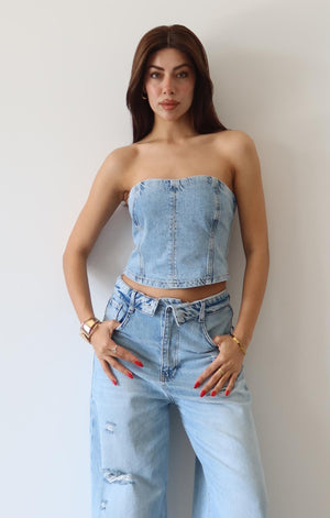Arka Fermuarlı Akordiyon Detaylı Ice Blue Bustiyer