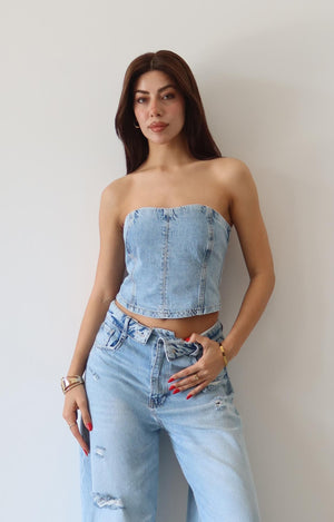 Arka Fermuarlı Akordiyon Detaylı Ice Blue Bustiyer