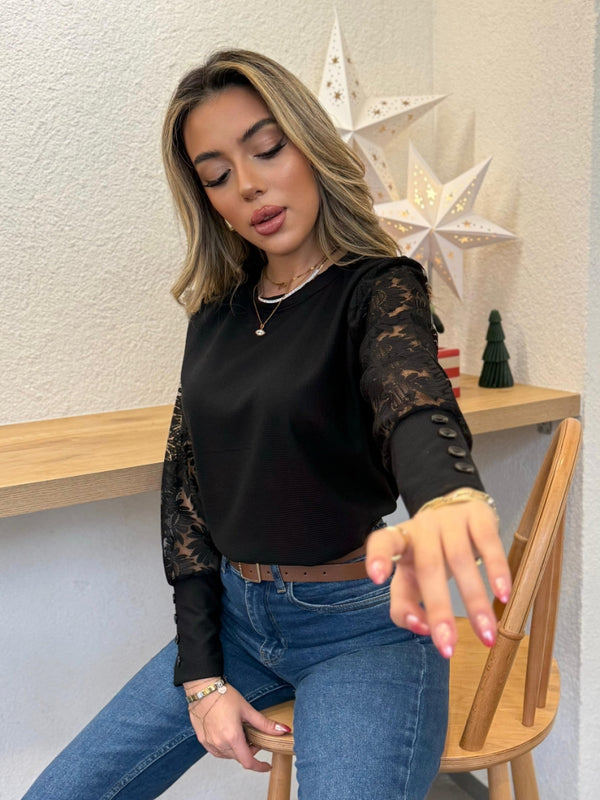 Kadın Uzun Kollu Bisiklet Yaka Kolları çiçekli Waffle Bluz, 27245