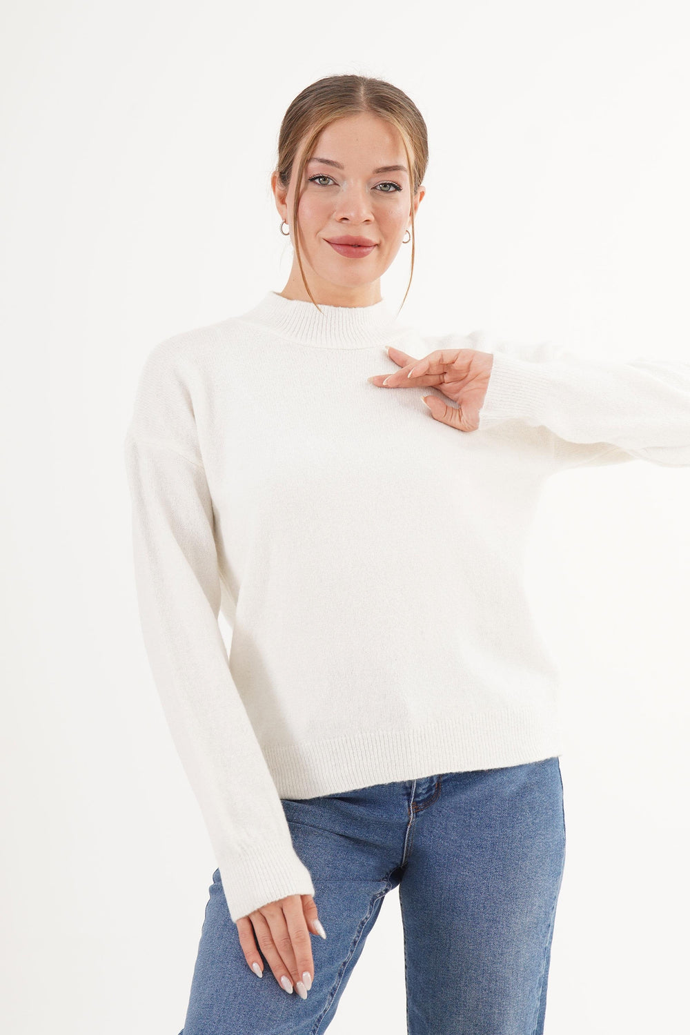 Dik Yaka Trend Toptan Beyaz Triko Kazak Beyaz STD