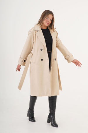 Apolet Detaylı Kuşaklı Toptan Taş Kaşe Kaban Taş S