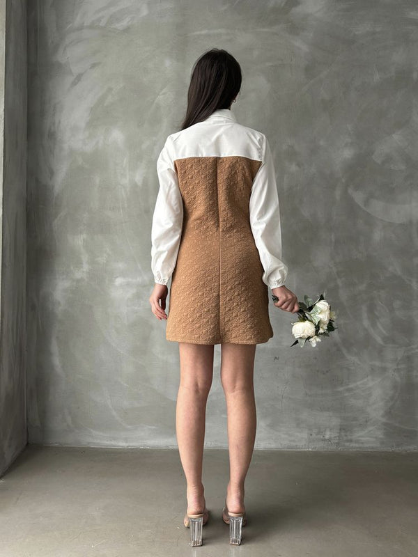 Rochie lungă până la genunchi, en-gros, cu mâneci și piept din poplin - Camel