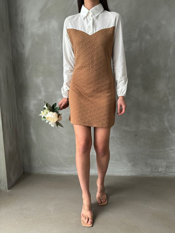 Rochie lungă până la genunchi, en-gros, cu mâneci și piept din poplin - Camel