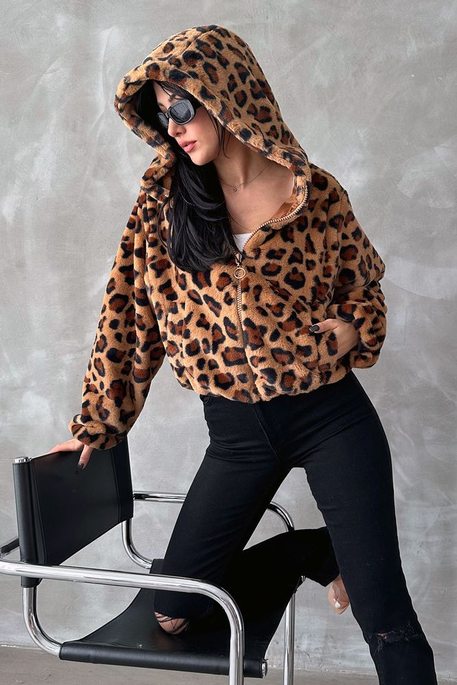 Leopar Bskılı Pejuş Toptan Mont - Camel Leopar