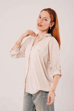 Cep Detay Krem Oversize Çizgili Toptan Gömlek