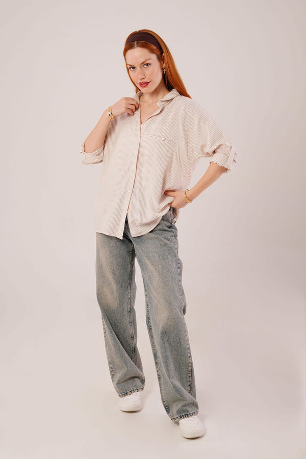Cep Detay Krem Oversize Çizgili Toptan Gömlek