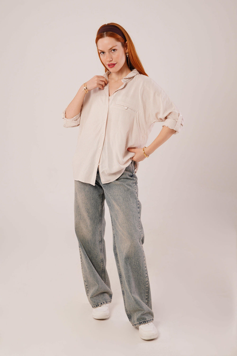 Cep Detay Krem Oversize Çizgili Toptan Gömlek Krem S