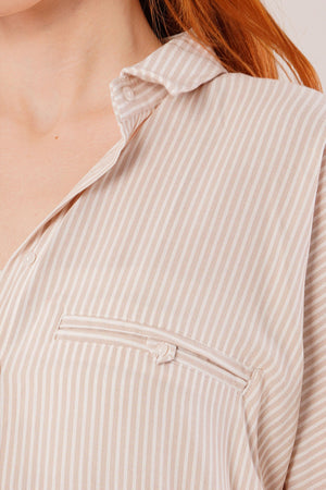Cep Detay Krem Oversize Çizgili Toptan Gömlek