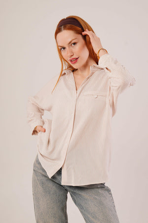 Cep Detay Krem Oversize Çizgili Toptan Gömlek Krem S