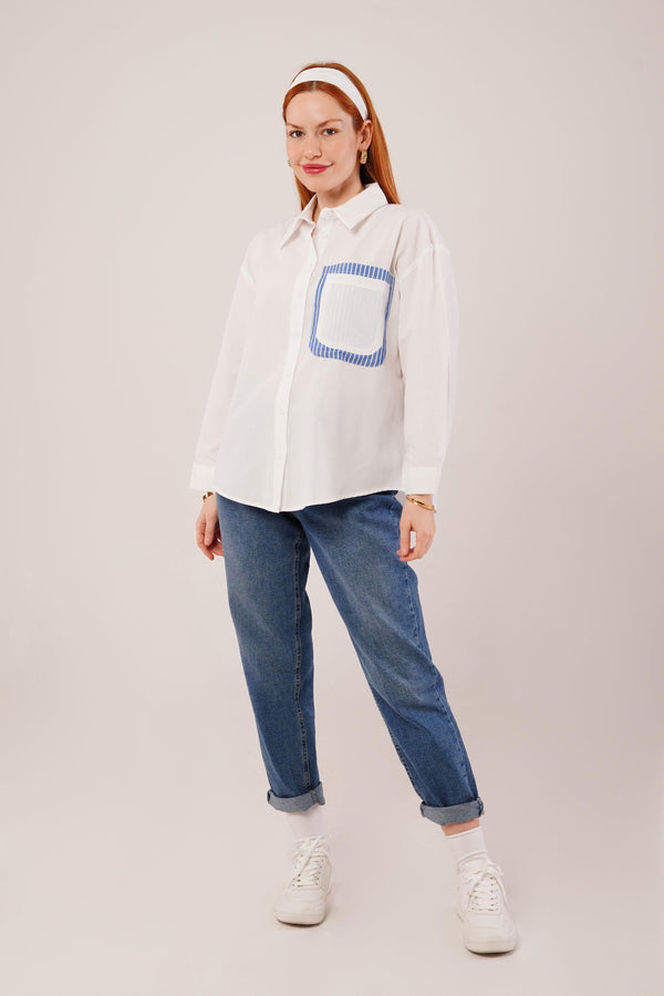 Çizgili Cep Detaylı Beyaz Toptan Gömlek
