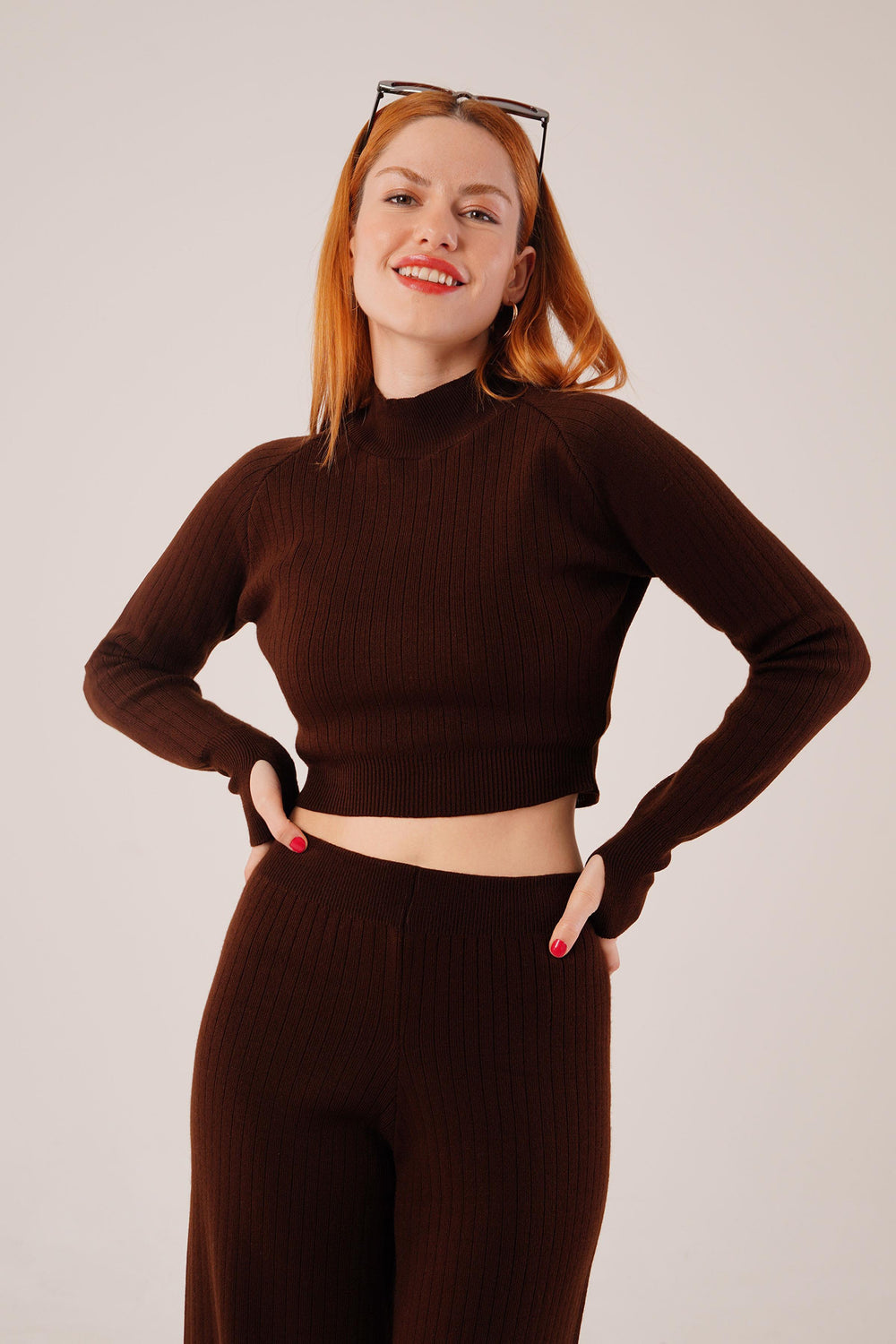 Crop Pantolon Düz Kesim Toptan Kahverengi Takım Kahverengi STD