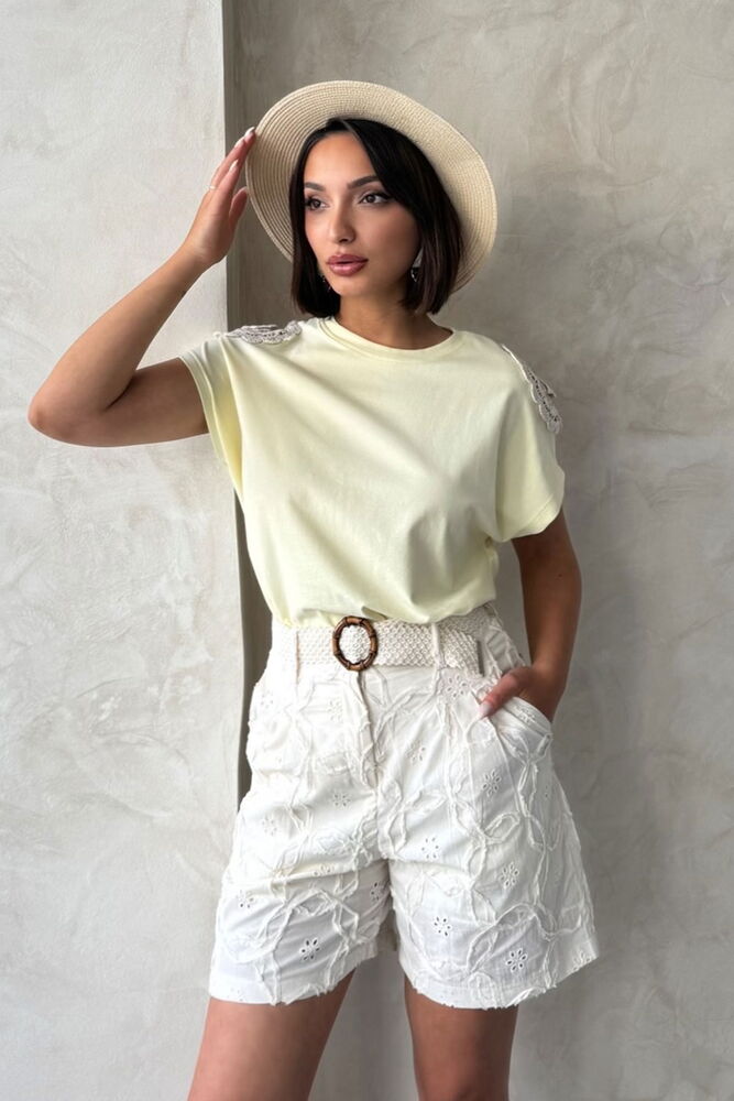 Omuzu Dantelli t-Shirt - Sarı - D2532 | Topshow