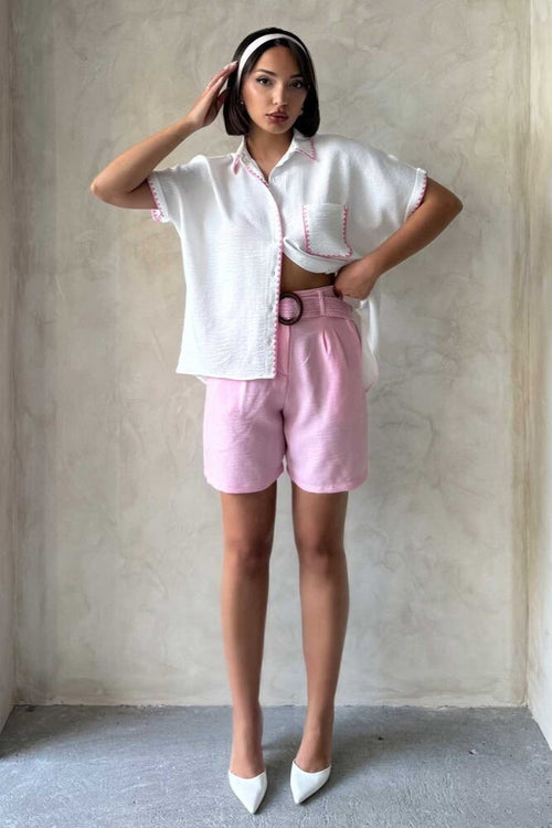 Kemerli Şort - Pembe - D2686 | Topshow