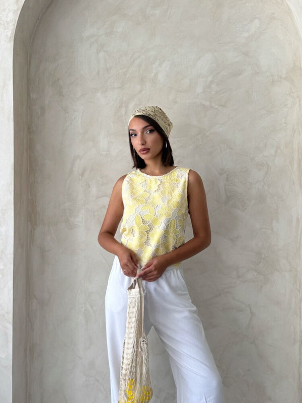 Dantel Kolsuz Bluz - Sarı | Topshow