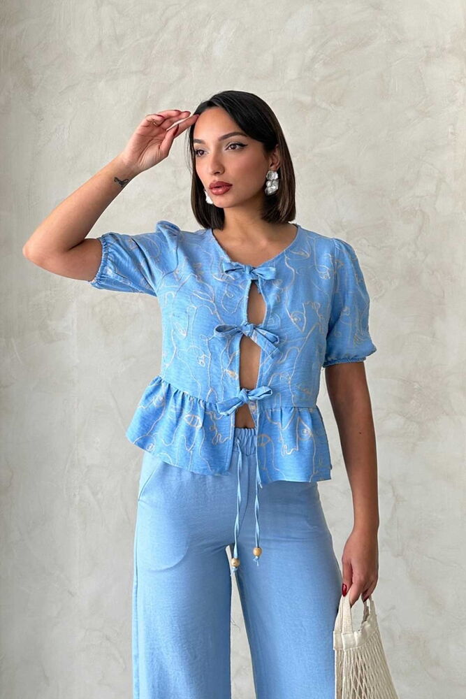 Önden Bağlamalı Nakışlı Toptan Bluz