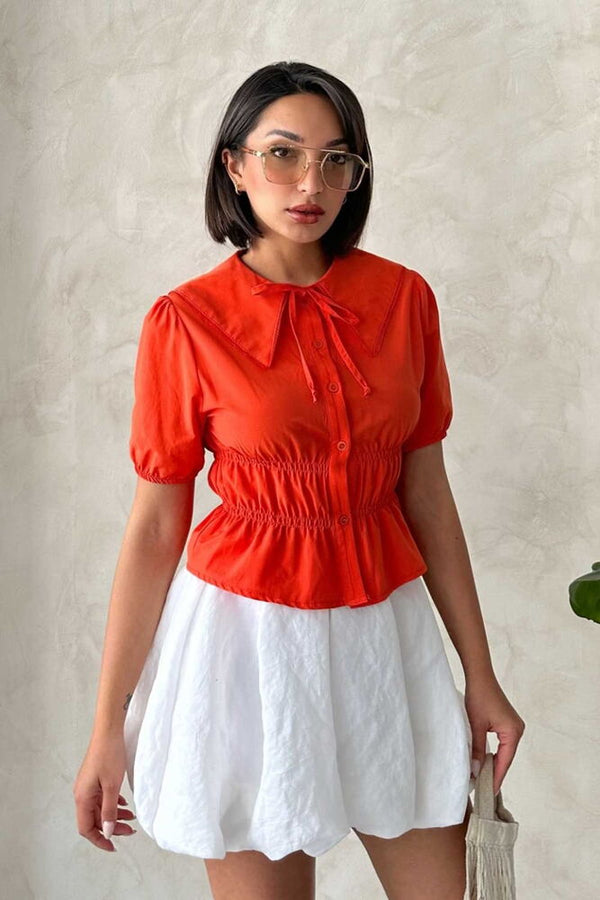 Yaka Detaylı Büzgülü Gömlek