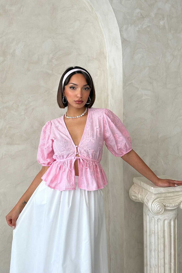 Önden Bağlamalı Nakışlı Vual Bluz