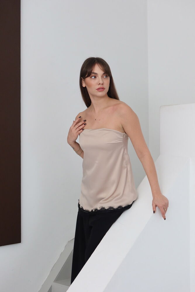 Topshow - Dantelli Straplez Saten Bluz - Taş | D2941