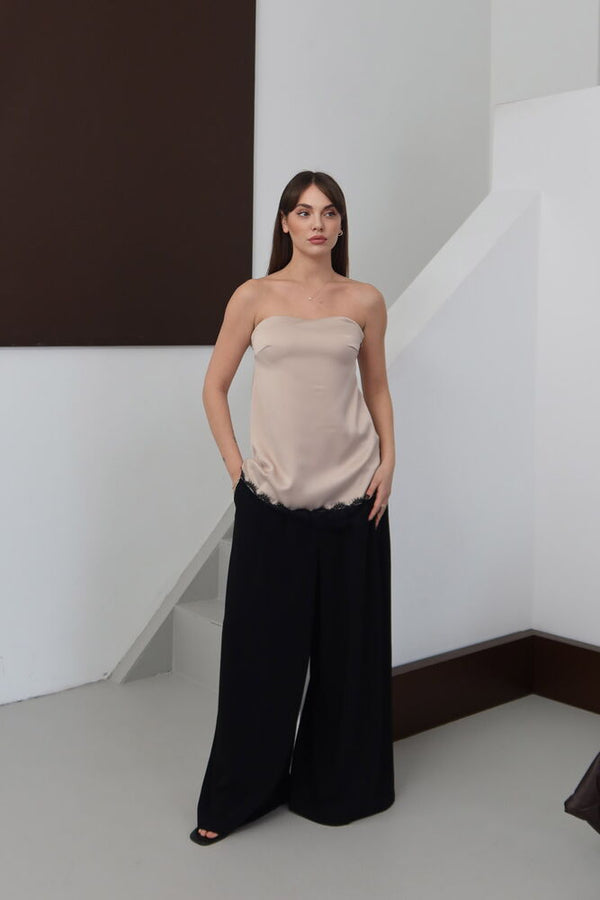 Topshow - Dantelli Straplez Saten Bluz - Taş | D2941