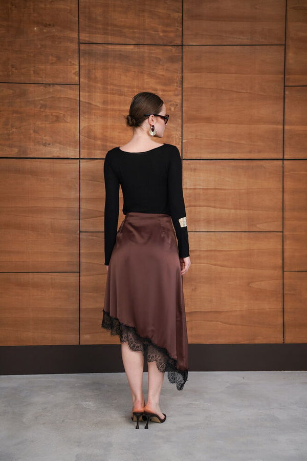 Dantelli Asimetrik Etek - Kahve | D2951 - Topshow