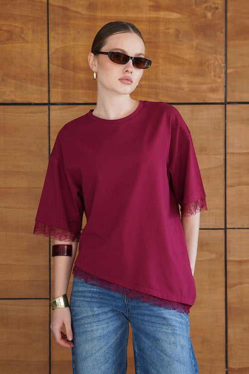 Tricou cu detaliu de dantelă - Burgundy | D2956 - Topshow