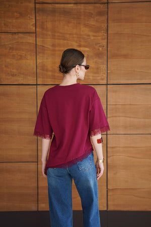 Tricou cu detaliu de dantelă - Burgundy | D2956 - Topshow