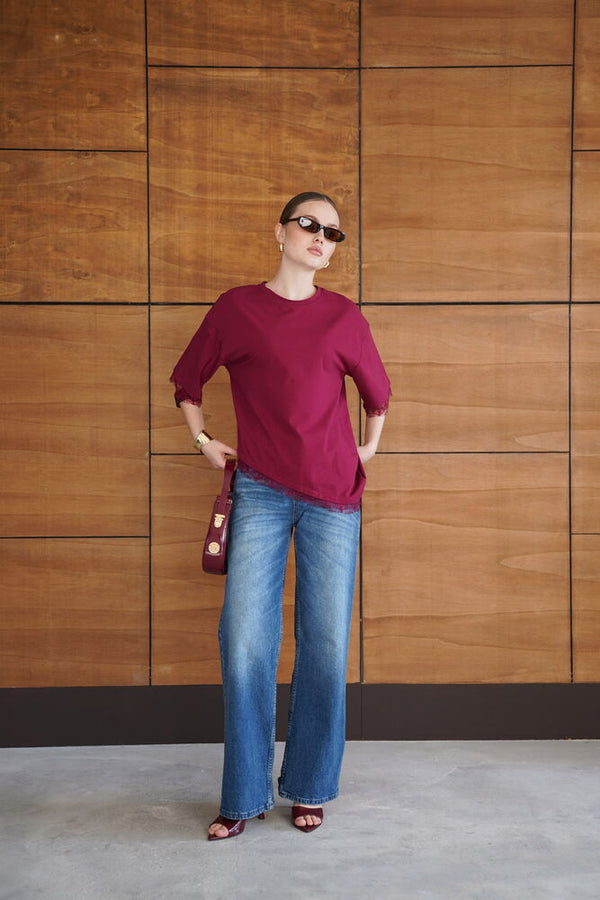 Tricou cu detaliu de dantelă - Burgundy | D2956 - Topshow