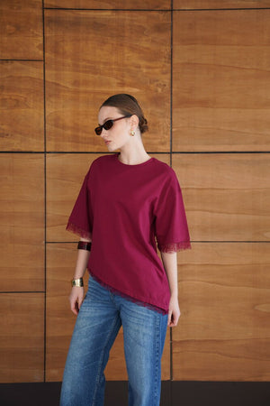 Tricou cu detaliu de dantelă - Burgundy | D2956 - Topshow