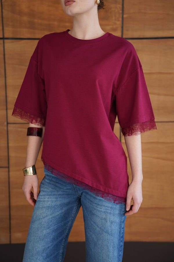Tricou cu detaliu de dantelă - Burgundy | D2956 - Topshow