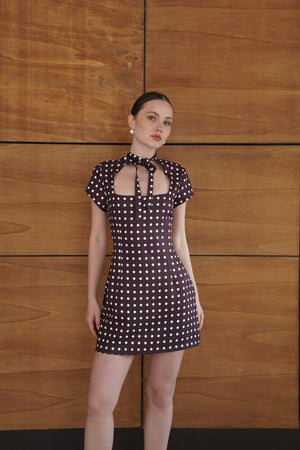 Puantiyeli Saten Toptan Elbise - Kahve | D2978 - Topshow