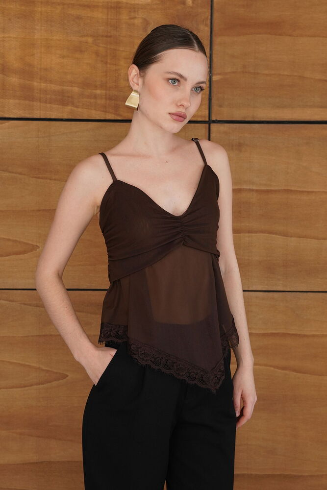Askılı Dantel Detaylı Tül Toptan Bluz - Kahve | D2979 - Topshow