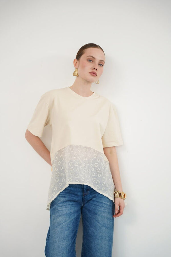 Tricou cu guler rotund și detalii brodate, en-gros - Raw | D2990 - Topshow