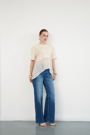 Tricou cu guler rotund și detalii brodate, en-gros - Raw | D2990 - Topshow