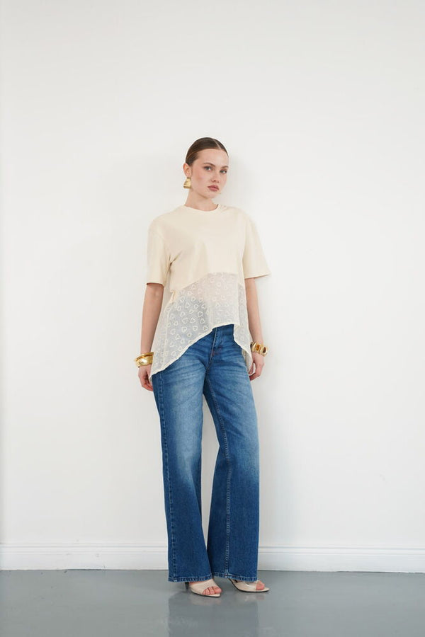 Tricou cu guler rotund și detalii brodate, en-gros - Raw | D2990 - Topshow