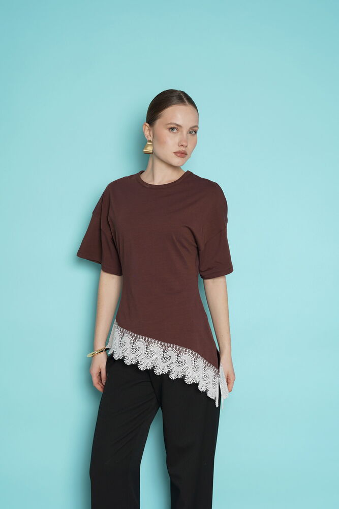 Toptan Etek Ucu Güpür Toptan T Shırt - Kahve | D2991 - Topshow