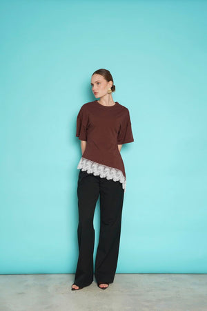 Toptan Etek Ucu Güpür Toptan T Shırt - Kahve | D2991 - Topshow