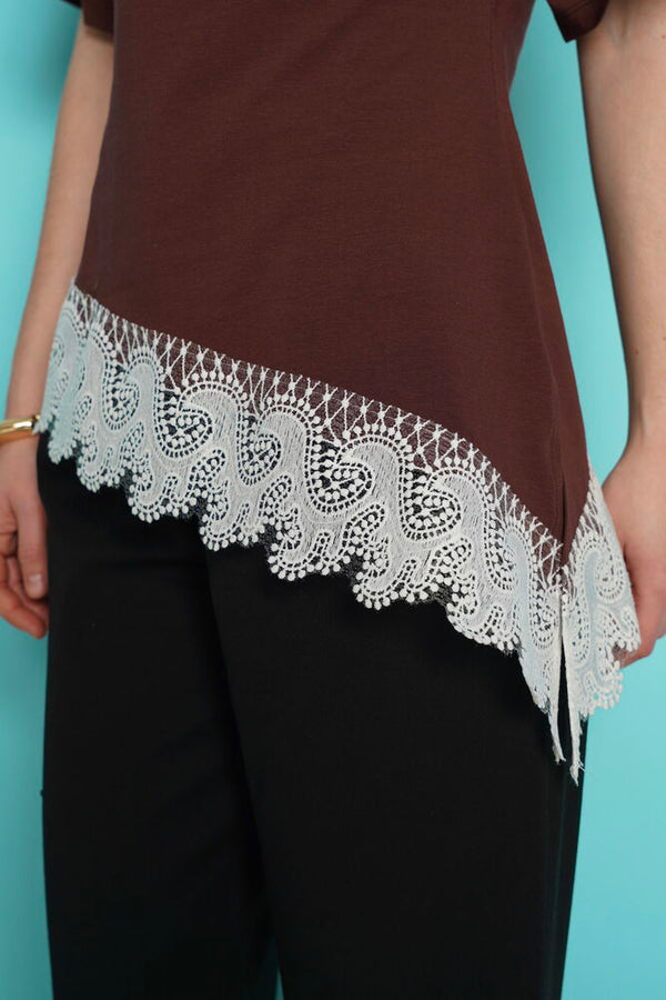 Toptan Etek Ucu Güpür Toptan T Shırt - Kahve | D2991 - Topshow