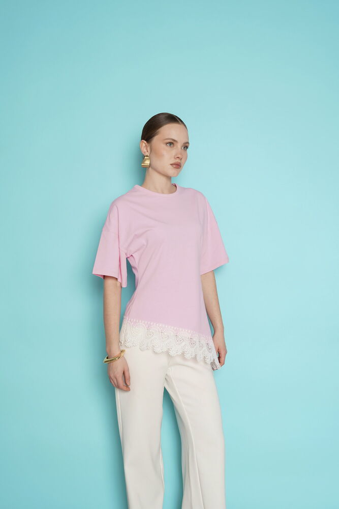 Toptan Etek Ucu Güpür Toptan T Shırt - Pembe | D2991 - Topshow