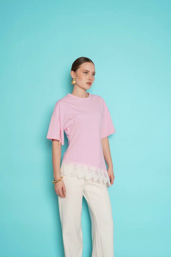 Toptan Etek Ucu Güpür Toptan T Shırt - Pembe | D2991 - Topshow