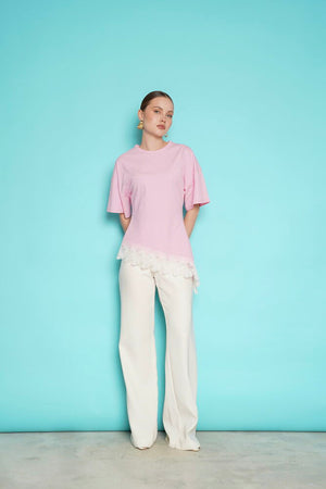 Toptan Etek Ucu Güpür Toptan T Shırt - Pembe | D2991 - Topshow