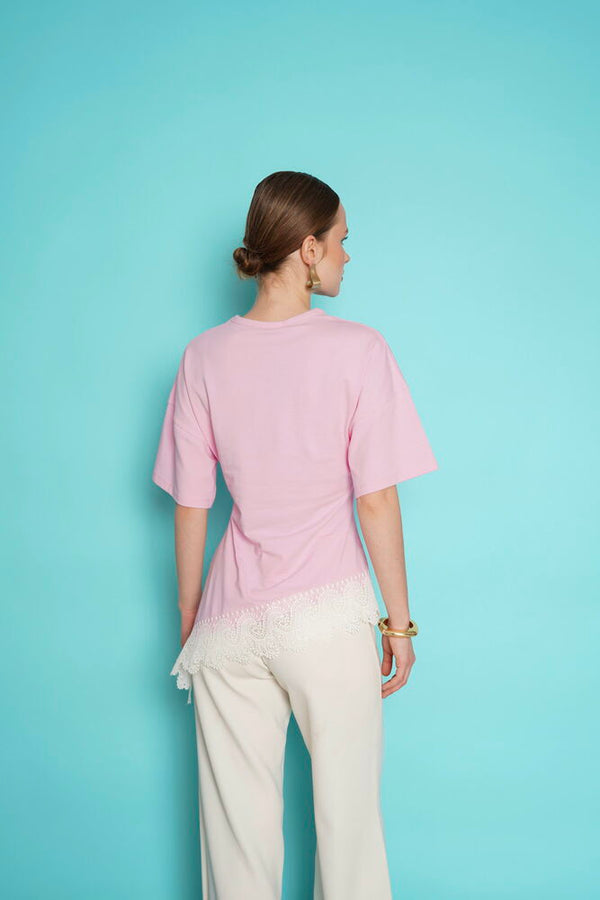 Toptan Etek Ucu Güpür Toptan T Shırt - Pembe | D2991 - Topshow