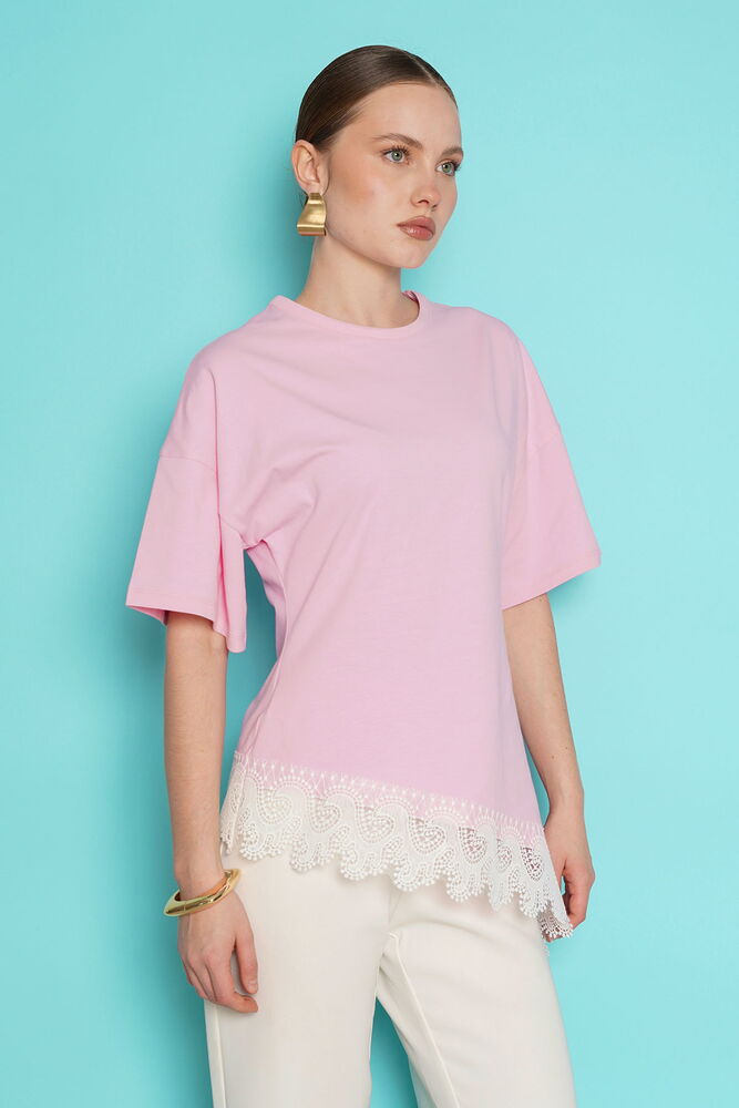 Toptan Etek Ucu Güpür Toptan T Shırt - Pembe | D2991 - Topshow