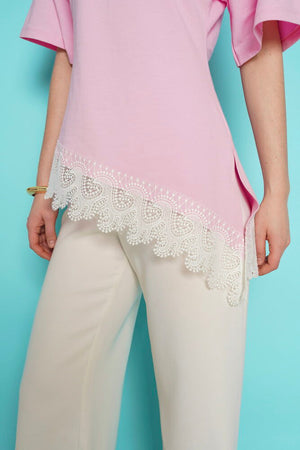 Toptan Etek Ucu Güpür Toptan T Shırt - Pembe | D2991 - Topshow