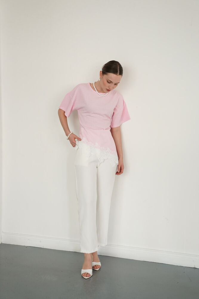 Toptan Etek Ucu Dsntel Bisiklet Yaka Toptan T-Shırt - Pembe | D2992 - Topshow