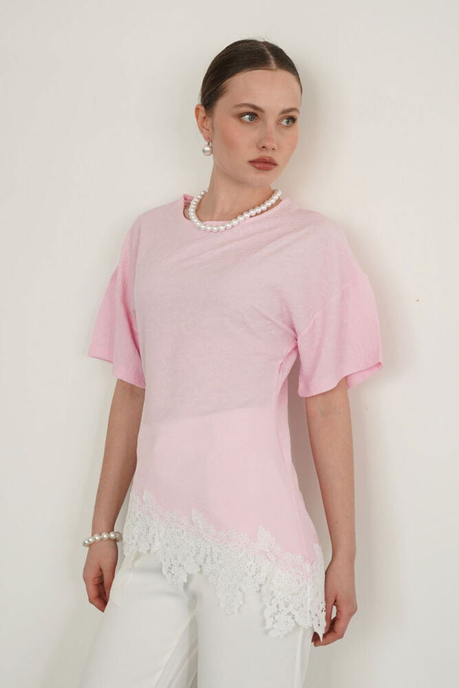 Toptan Etek Ucu Dsntel Bisiklet Yaka Toptan T-Shırt - Pembe | D2992 - Topshow