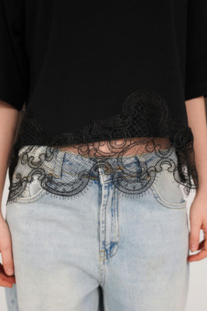 Tricou cu guler rotund și detalii din dantelă, en-gros - Negru | D3002 - Topshow