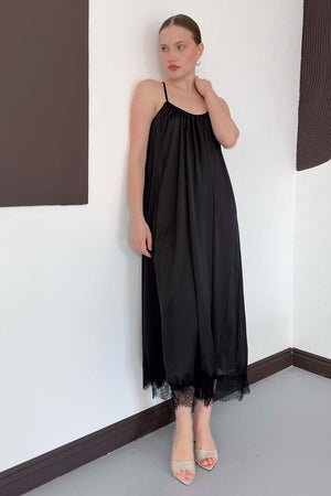 Dantel Detaylı Saten Elbise - Siyah | D3022 Topshow