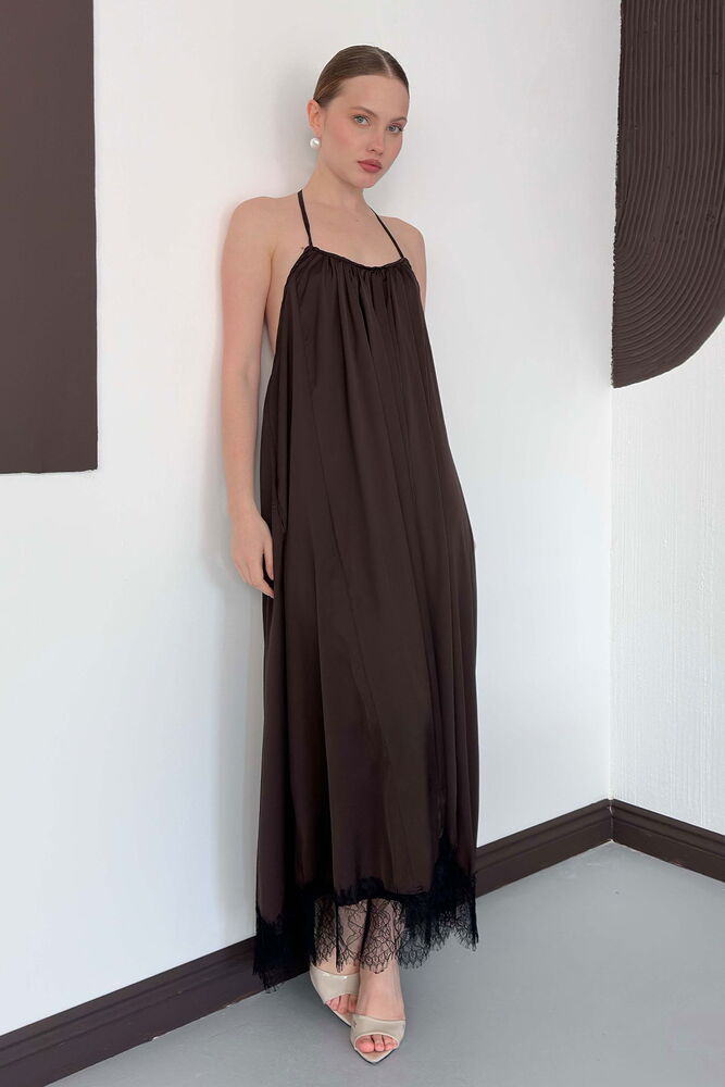Dantel Detaylı Saten Elbise - Kahve | D3022 Topshow