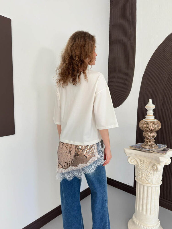 D 3064 PULLU DANTELLİ TİŞÖRT - KREM