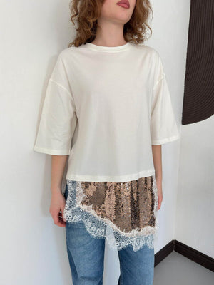 D 3064 PULLU DANTELLİ TİŞÖRT - KREM